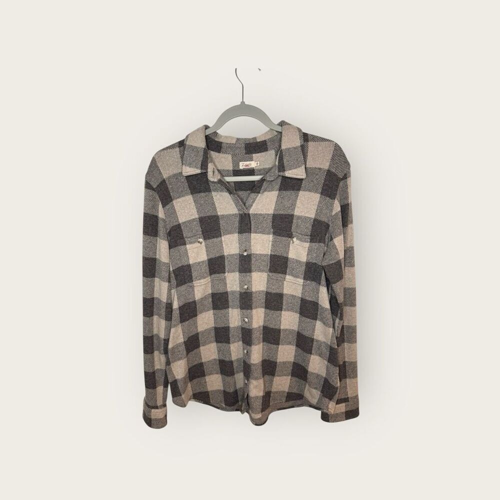 Faherty Women’s Tan Charcoal Buffalo Check Legend Sweater Shirt Size Medium - Picture 4 of 9